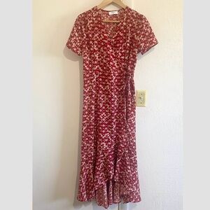 RIHOAS Red Floral Wrap Midi Dress Short Sleeve Cottagecore Tea Dress Womens M